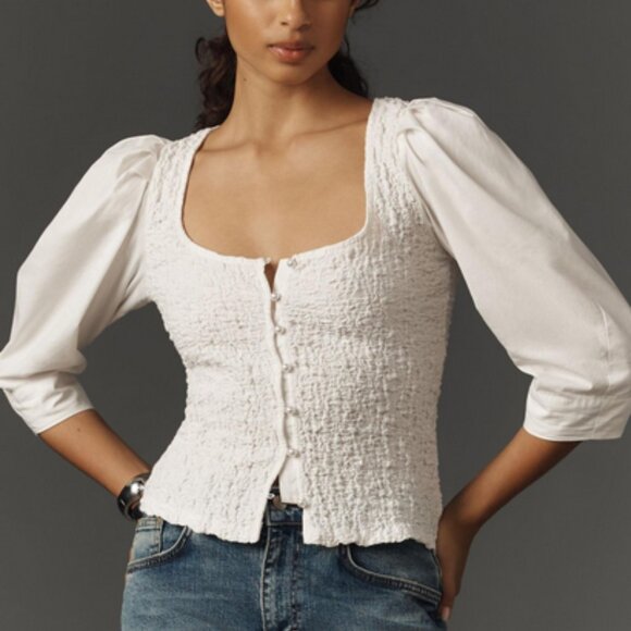 By Anthropologie Smocked Cardigan Top Ivory Buttondown Blouse L - Picture 3 of 8